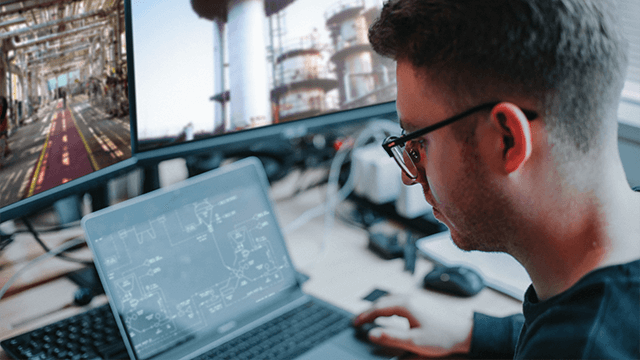 male service specialist in front of laptop